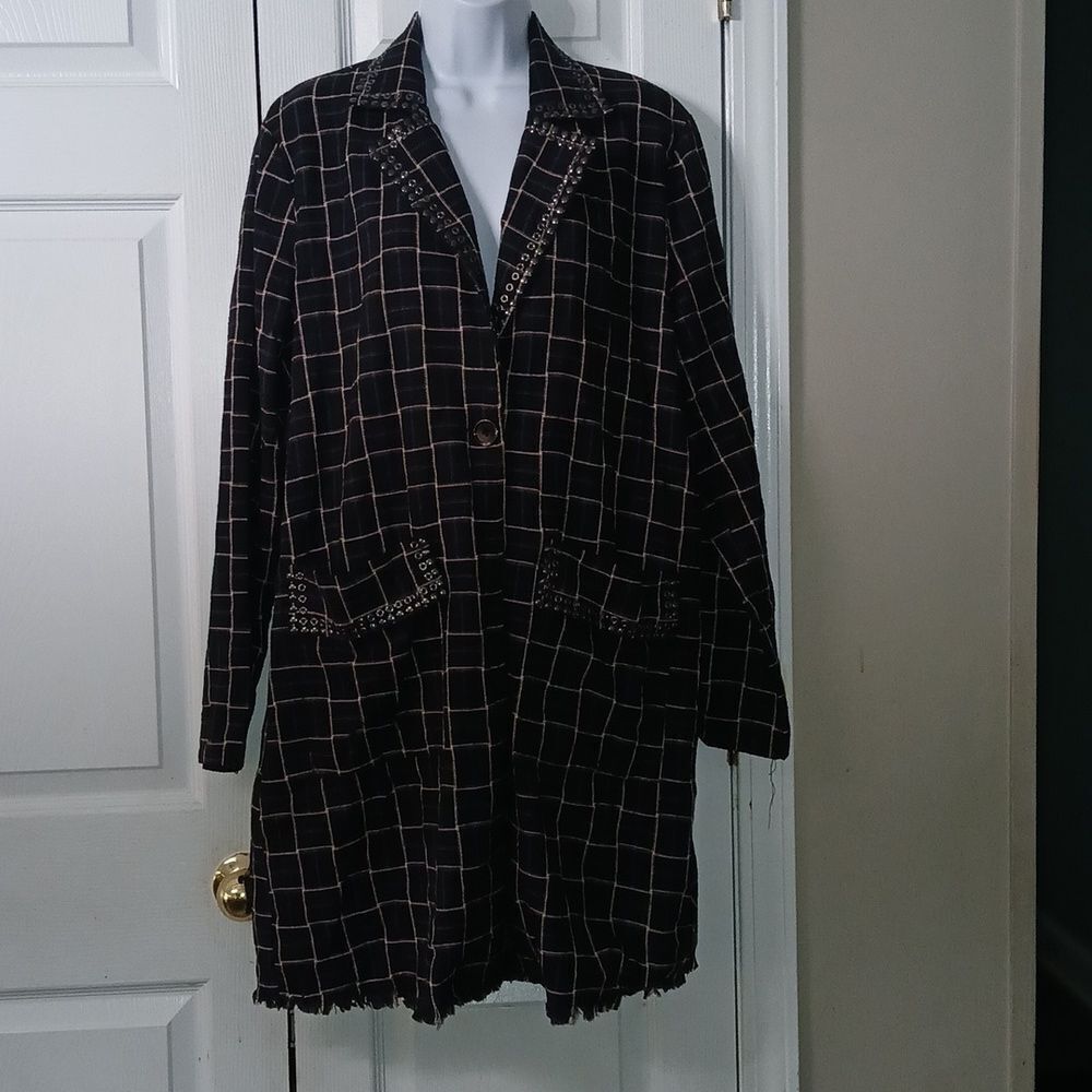 Gimmicks by BKE studded plaid fringe lightweight long jacket blazer Sz L NWT